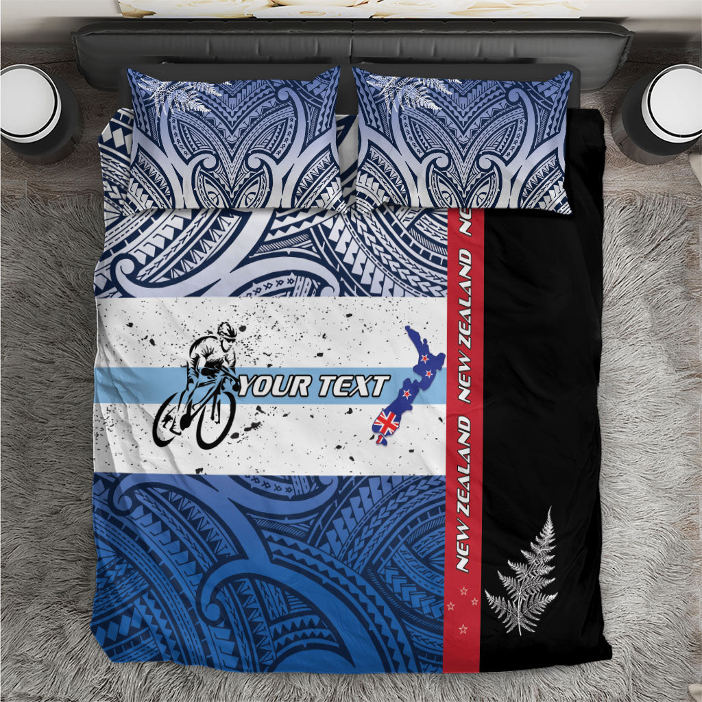 Personalised Cycling New Zealand Bedding Set Aotearoa Map Fern Maori Pattern