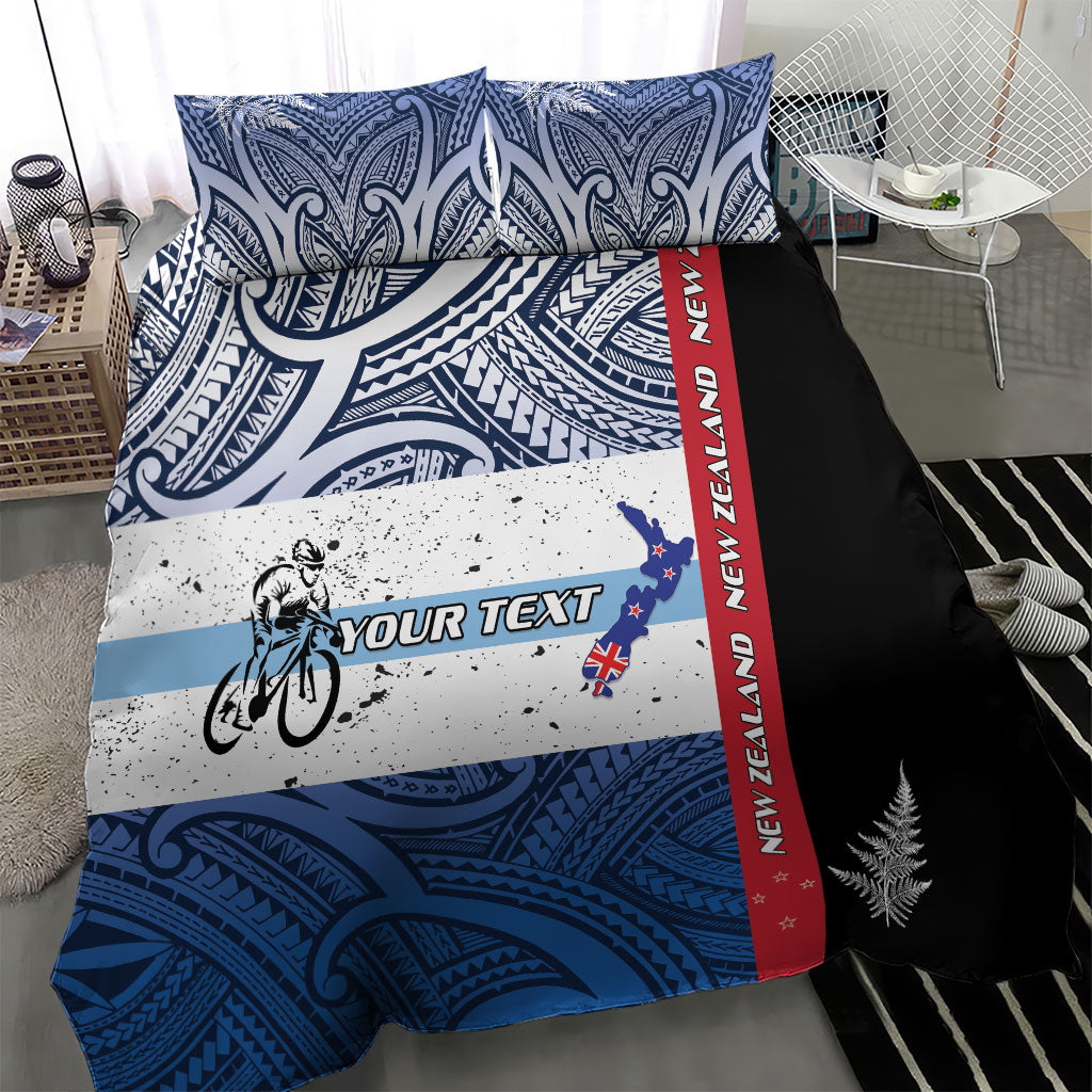 Personalised Cycling New Zealand Bedding Set Aotearoa Map Fern Maori Pattern