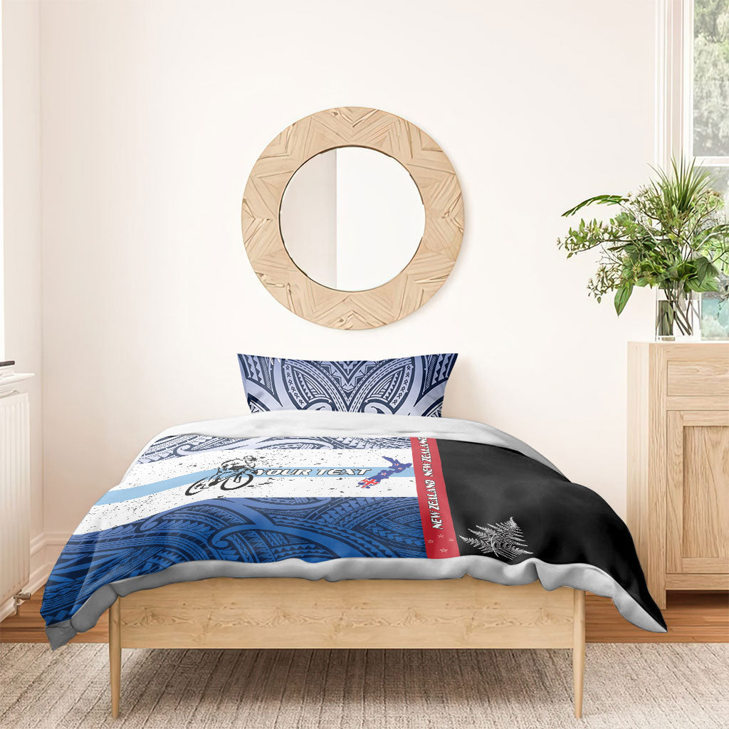 Personalised Cycling New Zealand Bedding Set Aotearoa Map Fern Maori Pattern