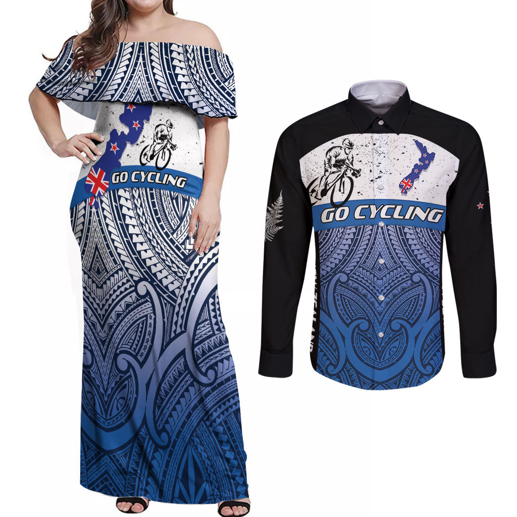 Personalised Cycling New Zealand Couples Matching Off Shoulder Maxi Dress and Long Sleeve Button Shirt Aotearoa Map Fern Maori Pattern LT22 Blue - Polynesian Pride