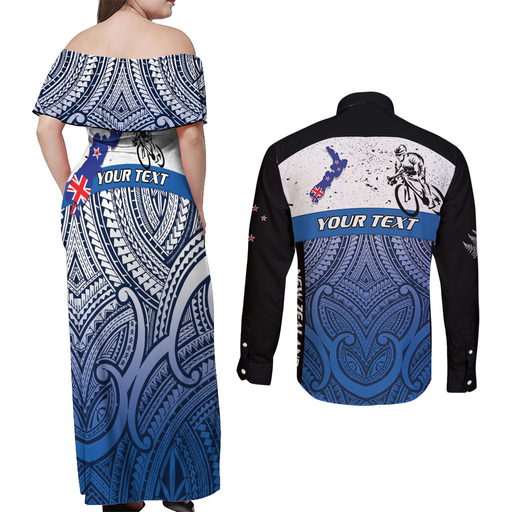 Personalised Cycling New Zealand Couples Matching Off Shoulder Maxi Dress and Long Sleeve Button Shirt Aotearoa Map Fern Maori Pattern LT22 - Polynesian Pride