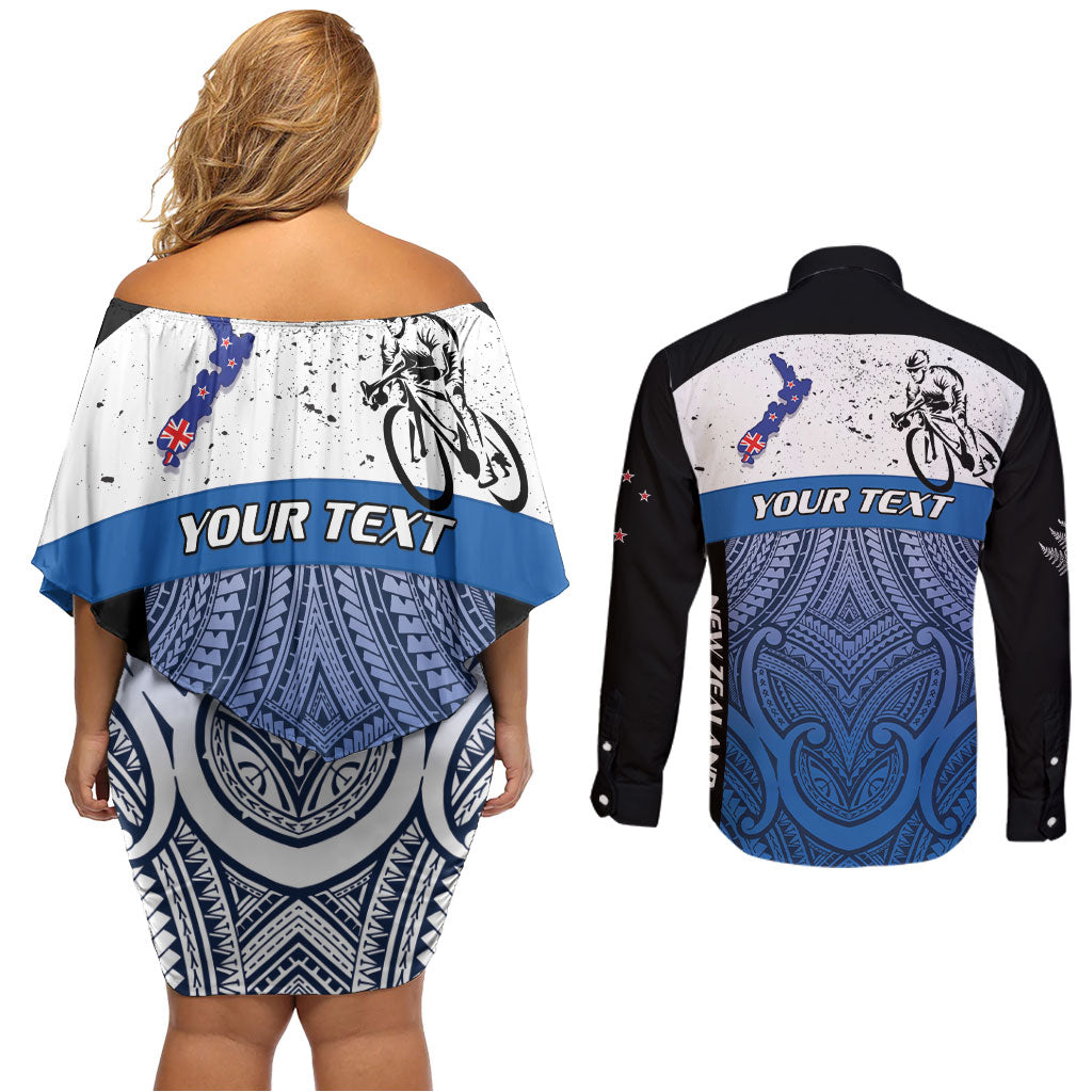 Personalised Cycling New Zealand Couples Matching Off Shoulder Short Dress and Long Sleeve Button Shirt Aotearoa Map Fern Maori Pattern LT22 - Polynesian Pride