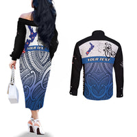 Personalised Cycling New Zealand Couples Matching Off The Shoulder Long Sleeve Dress and Long Sleeve Button Shirt Aotearoa Map Fern Maori Pattern