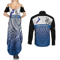 Personalised Cycling New Zealand Couples Matching Summer Maxi Dress and Long Sleeve Button Shirt Aotearoa Map Fern Maori Pattern LT22 - Polynesian Pride