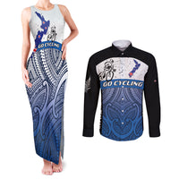 Personalised Cycling New Zealand Couples Matching Tank Maxi Dress and Long Sleeve Button Shirt Aotearoa Map Fern Maori Pattern LT22 Blue - Polynesian Pride