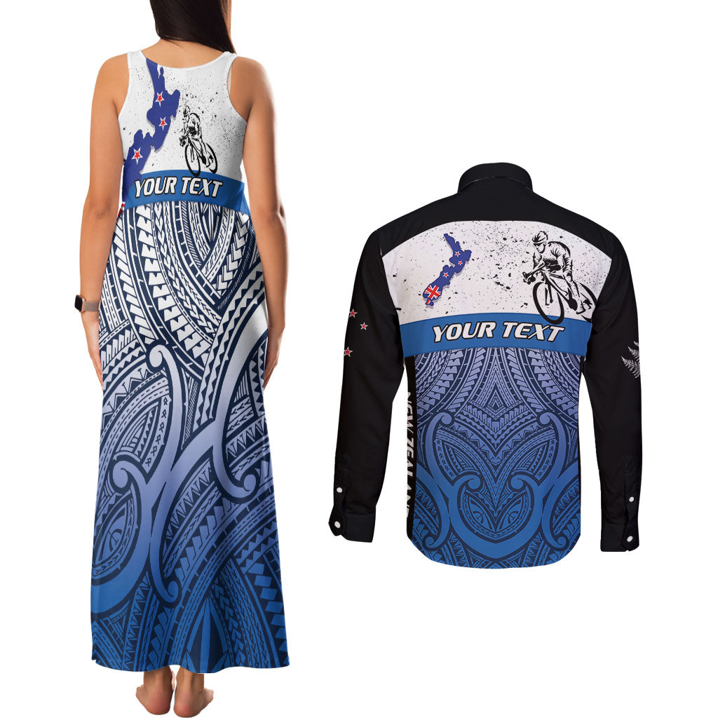 Personalised Cycling New Zealand Couples Matching Tank Maxi Dress and Long Sleeve Button Shirt Aotearoa Map Fern Maori Pattern LT22 - Polynesian Pride
