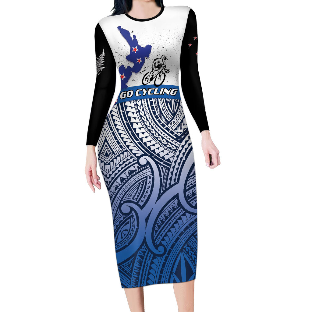 Personalised Cycling New Zealand Family Matching Long Sleeve Bodycon Dress and Hawaiian Shirt Aotearoa Map Fern Maori Pattern LT22 Mom's Dress Blue - Polynesian Pride