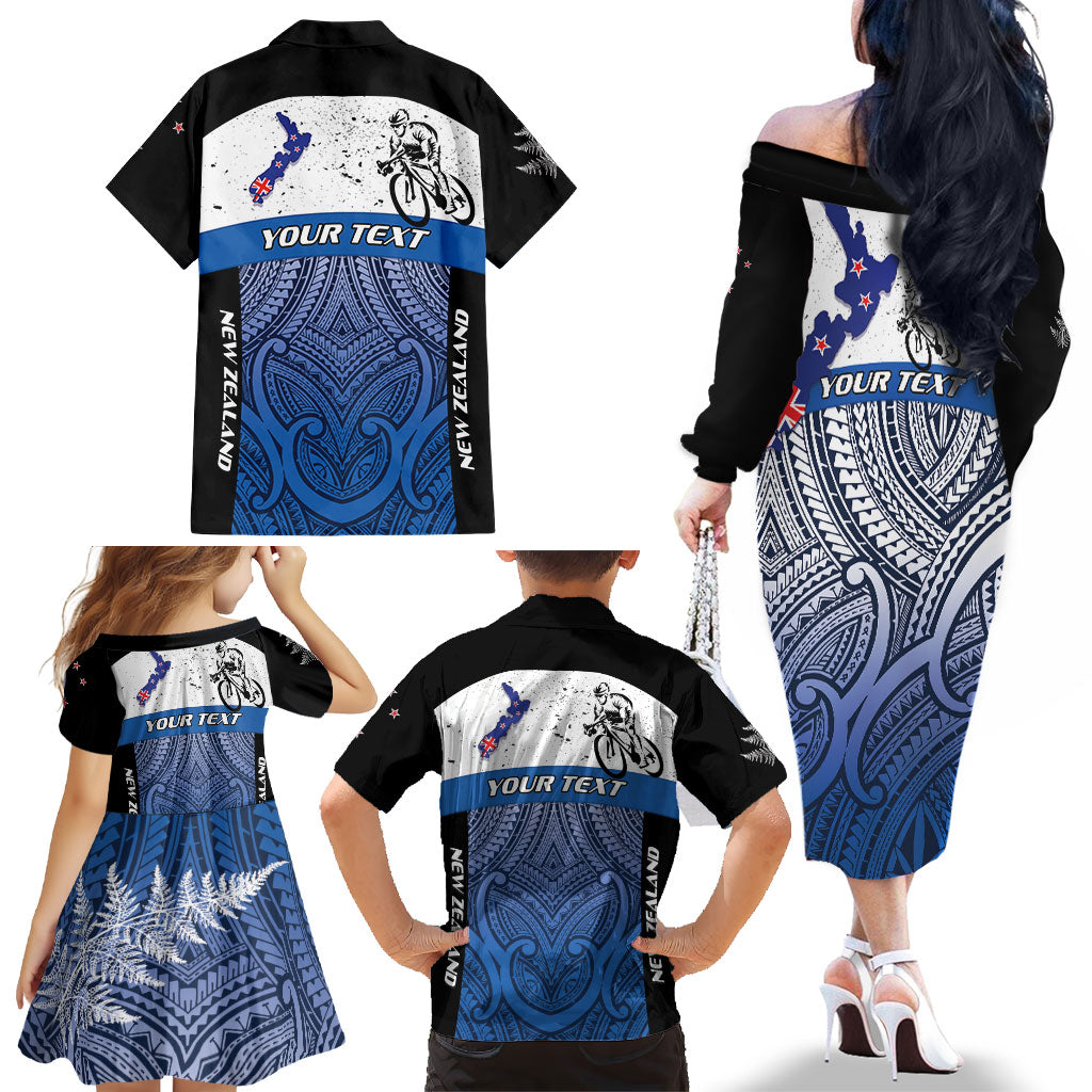 Personalised Cycling New Zealand Family Matching Off The Shoulder Long Sleeve Dress and Hawaiian Shirt Aotearoa Map Fern Maori Pattern LT22 - Polynesian Pride