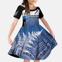 Personalised Cycling New Zealand Family Matching Off Shoulder Short Dress and Hawaiian Shirt Aotearoa Map Fern Maori Pattern LT22 Daughter's Dress Blue - Polynesian Pride
