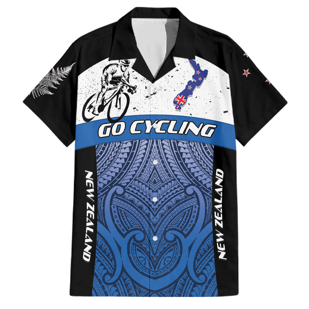Personalised Cycling New Zealand Family Matching Off Shoulder Short Dress and Hawaiian Shirt Aotearoa Map Fern Maori Pattern LT22 Dad's Shirt - Short Sleeve Blue - Polynesian Pride