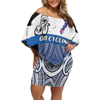 Personalised Cycling New Zealand Family Matching Off Shoulder Short Dress and Hawaiian Shirt Aotearoa Map Fern Maori Pattern LT22 Mom's Dress Blue - Polynesian Pride