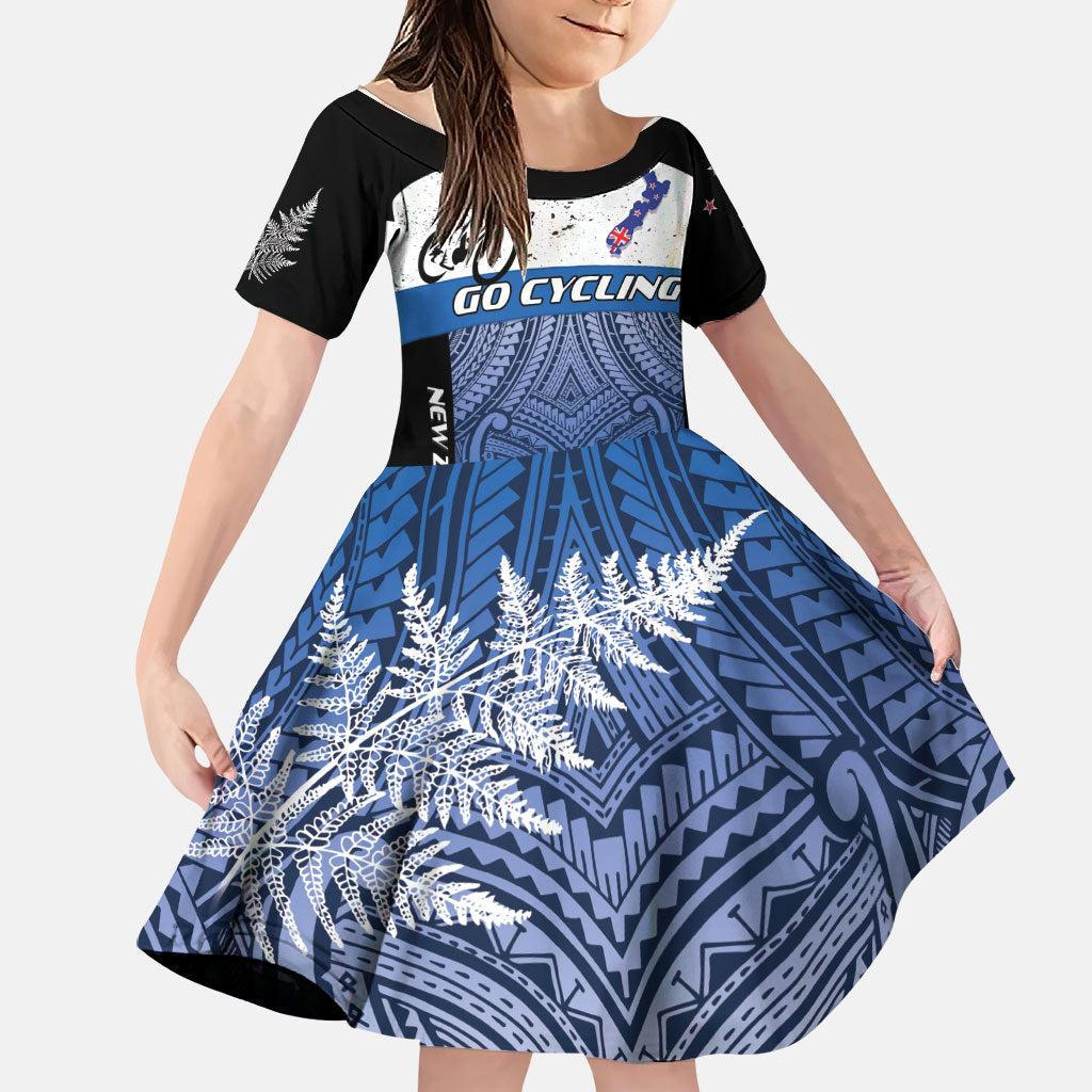 Personalised Cycling New Zealand Family Matching Summer Maxi Dress and Hawaiian Shirt Aotearoa Map Fern Maori Pattern LT22 Daughter's Dress Blue - Polynesian Pride
