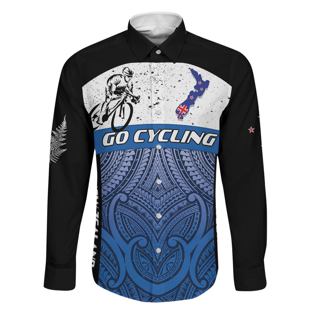 Personalised Cycling New Zealand Family Matching Tank Maxi Dress and Hawaiian Shirt Aotearoa Map Fern Maori Pattern LT22 Dad's Shirt - Long Sleeve Blue - Polynesian Pride