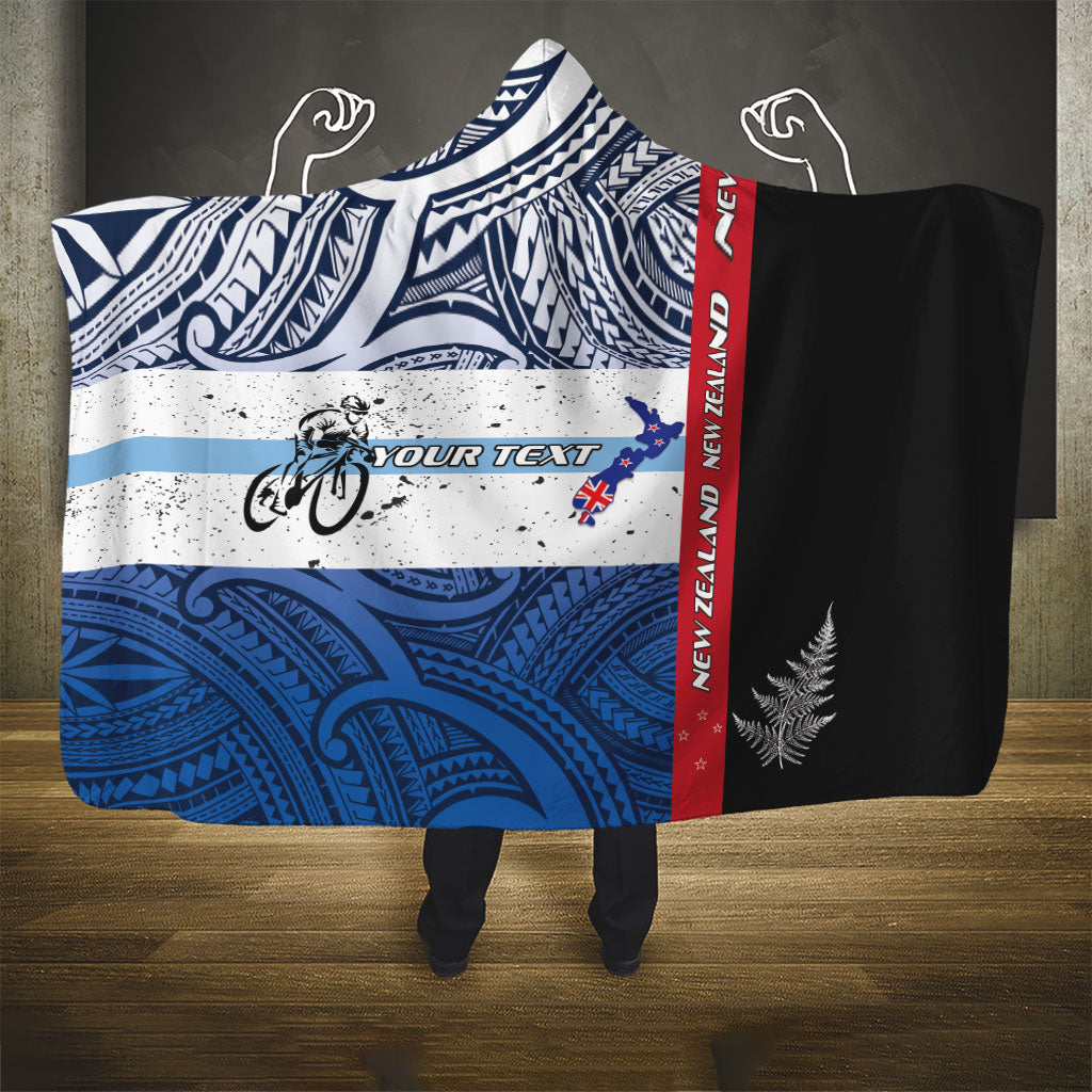 Personalised Cycling New Zealand Hooded Blanket Aotearoa Map Fern Maori Pattern