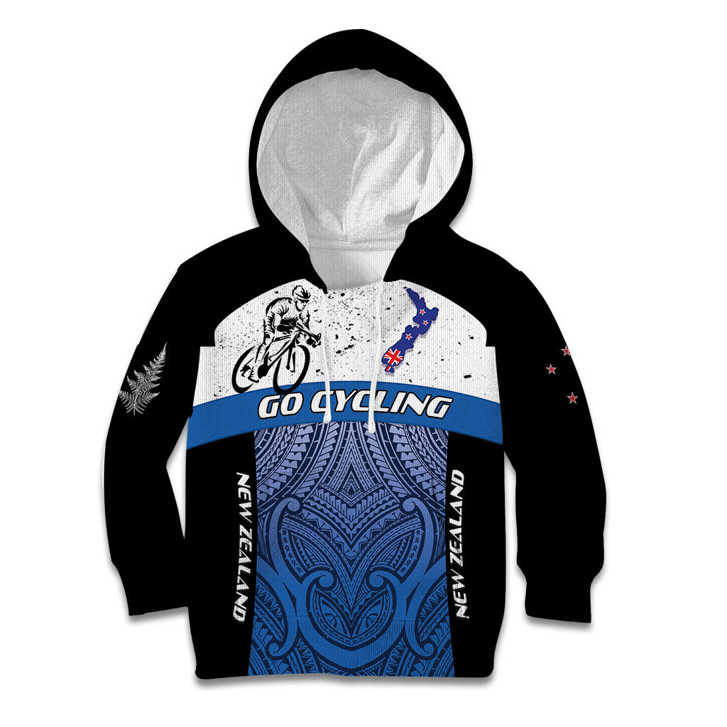 Personalised Cycling New Zealand Kid Hoodie Aotearoa Map Fern Maori Pattern