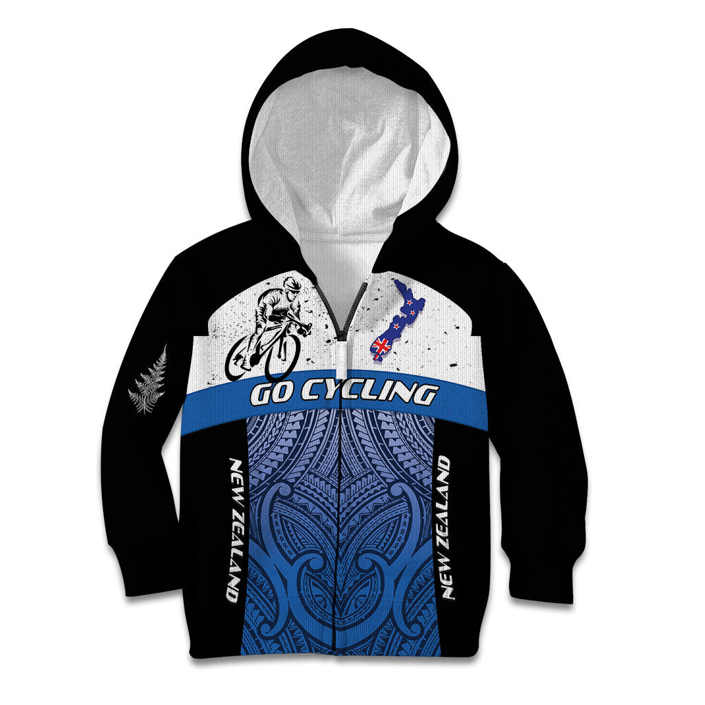 Personalised Cycling New Zealand Kid Hoodie Aotearoa Map Fern Maori Pattern