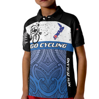Personalised Cycling New Zealand Kid Polo Shirt Aotearoa Map Fern Maori Pattern