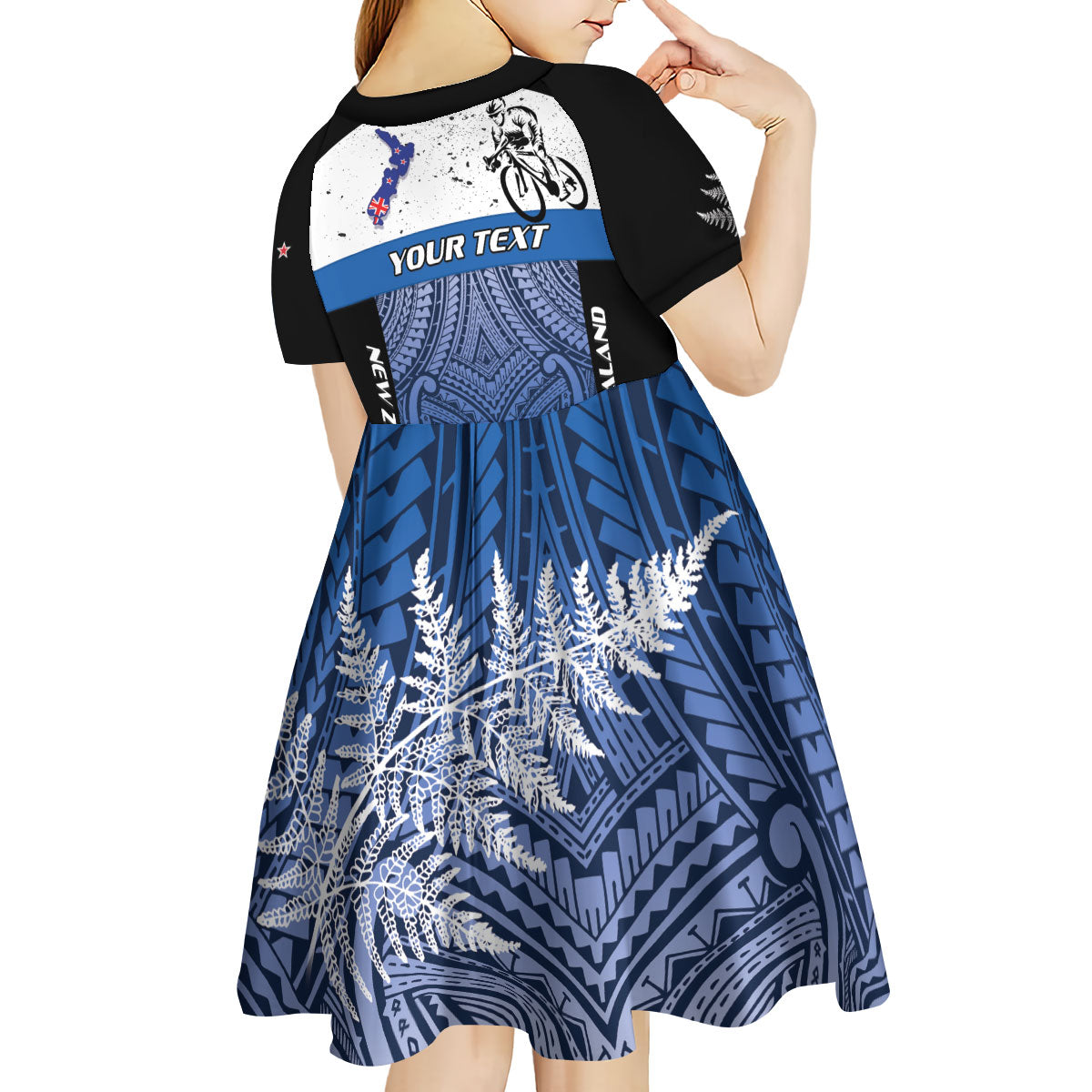 Personalised Cycling New Zealand Kid Short Sleeve Dress Aotearoa Map Fern Maori Pattern LT22 - Polynesian Pride