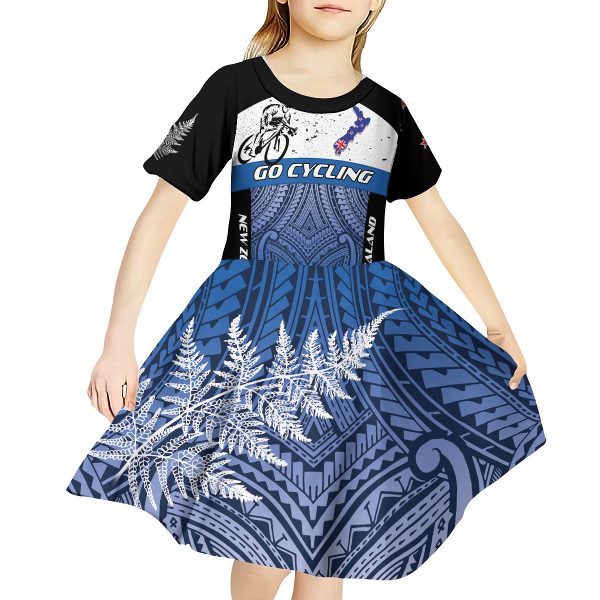 Personalised Cycling New Zealand Kid Short Sleeve Dress Aotearoa Map Fern Maori Pattern LT22 - Polynesian Pride