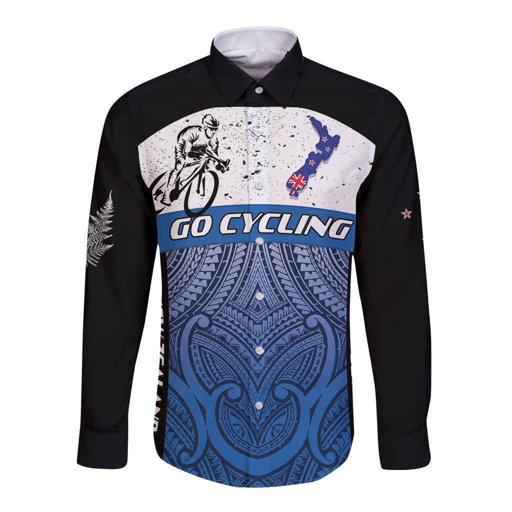Personalised Cycling New Zealand Long Sleeve Button Shirt Aotearoa Map Fern Maori Pattern LT22 Unisex Blue - Polynesian Pride