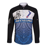 Personalised Cycling New Zealand Long Sleeve Button Shirt Aotearoa Map Fern Maori Pattern LT22 Unisex Blue - Polynesian Pride