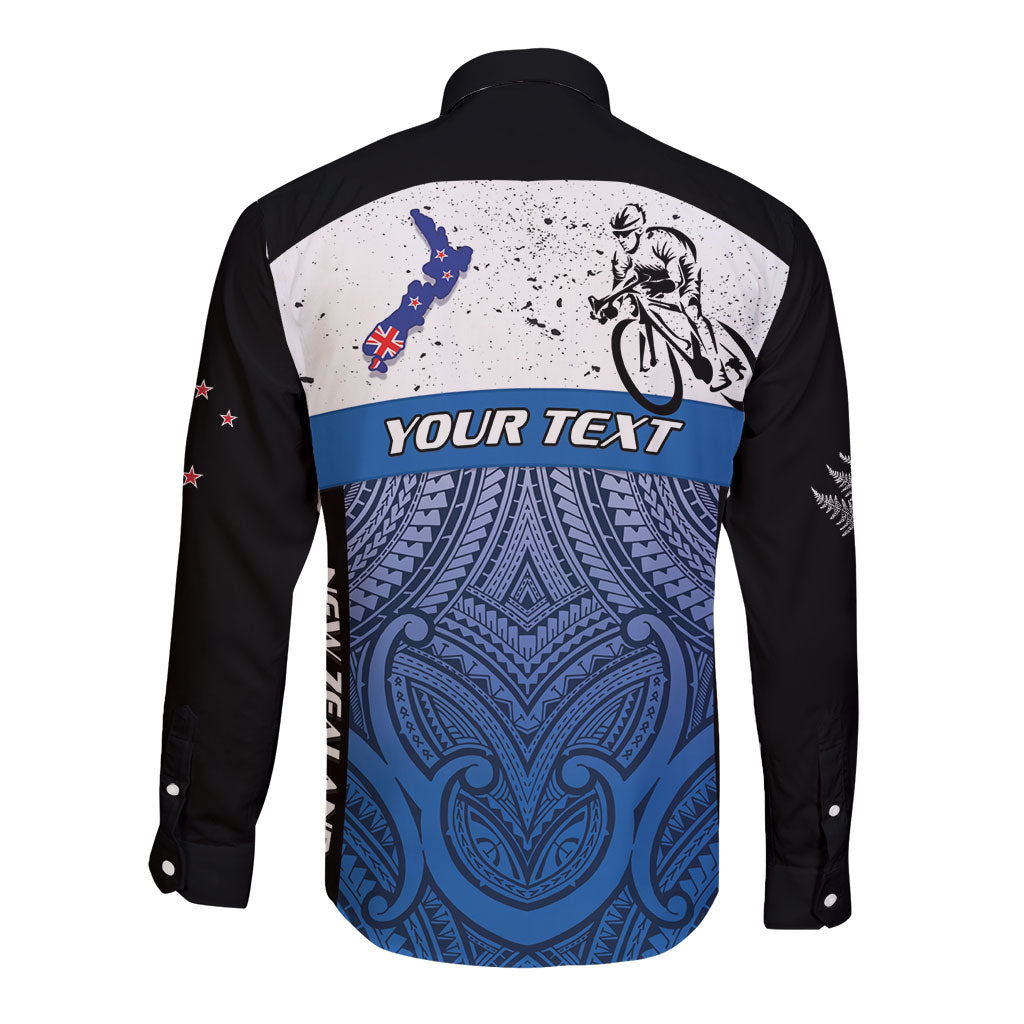 Personalised Cycling New Zealand Long Sleeve Button Shirt Aotearoa Map Fern Maori Pattern LT22 - Polynesian Pride