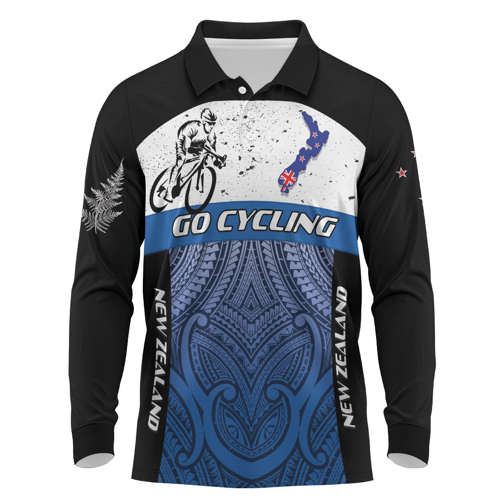 Personalised Cycling New Zealand Long Sleeve Polo Shirt Aotearoa Map Fern Maori Pattern LT22 Blue - Polynesian Pride