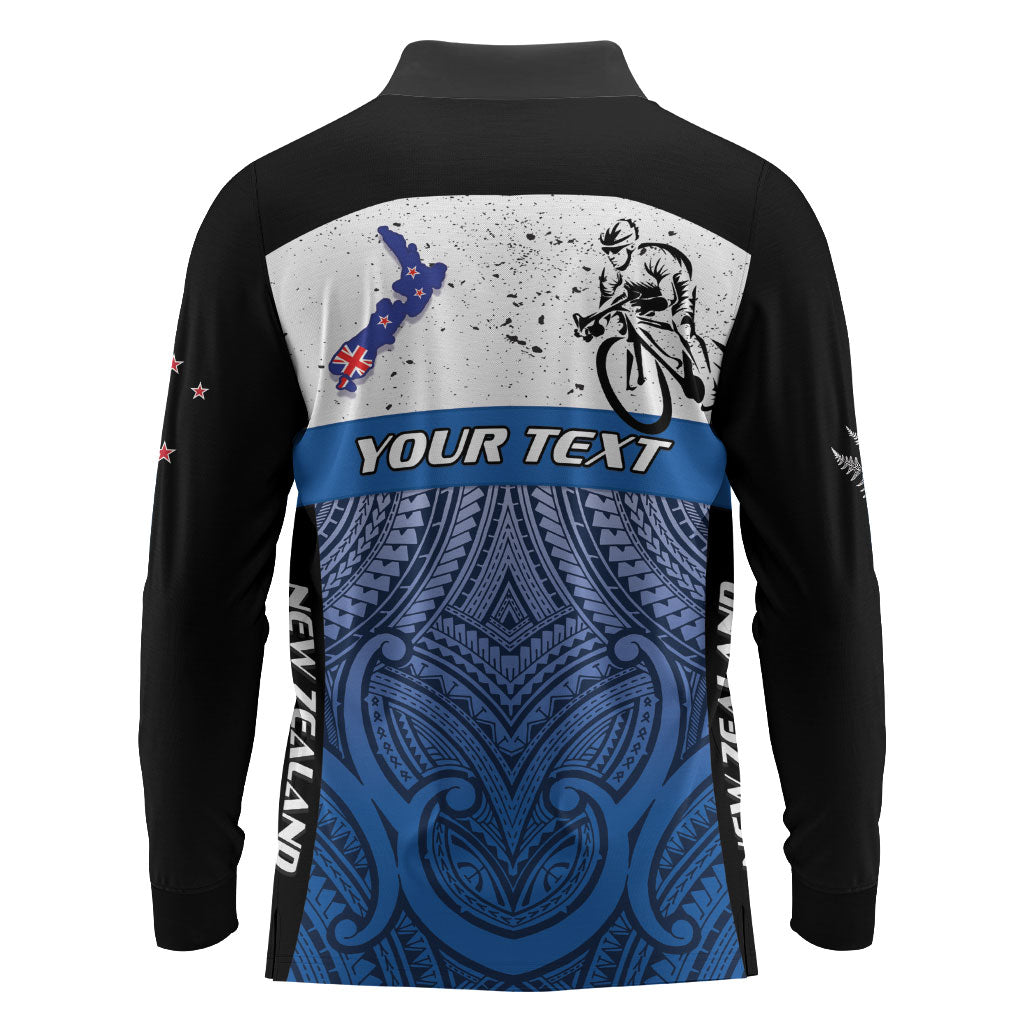 Personalised Cycling New Zealand Long Sleeve Polo Shirt Aotearoa Map Fern Maori Pattern LT22 - Polynesian Pride