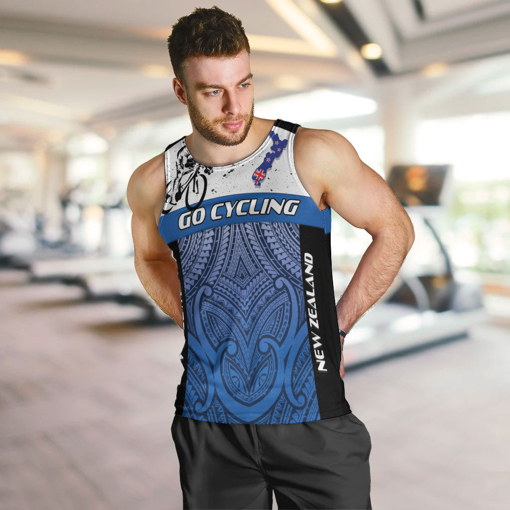 Personalised Cycling New Zealand Men Tank Top Aotearoa Map Fern Maori Pattern LT22 Blue - Polynesian Pride