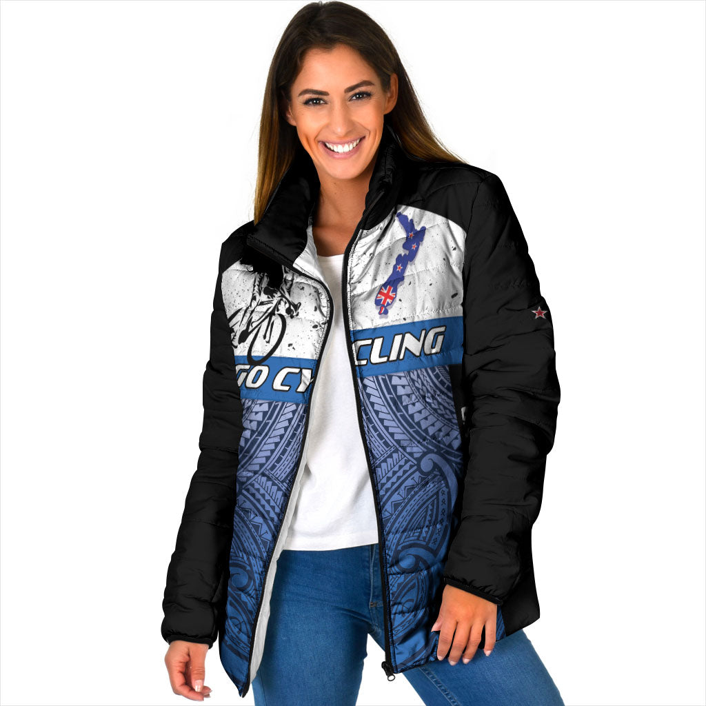 Personalised Cycling New Zealand Padded Jacket Aotearoa Map Fern Maori Pattern