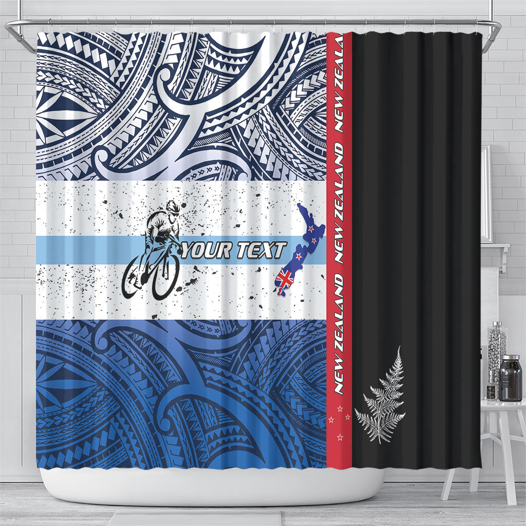 Personalised Cycling New Zealand Shower Curtain Aotearoa Map Fern Maori Pattern
