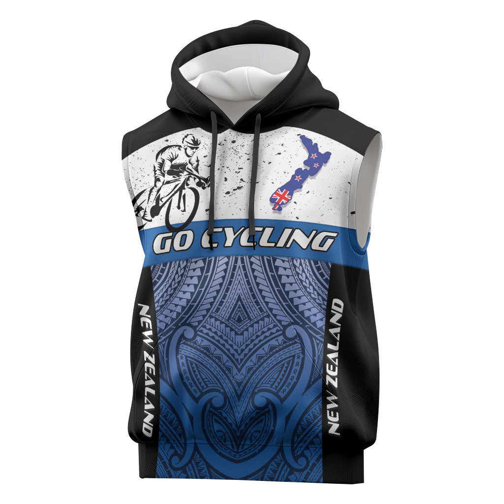 Personalised Cycling New Zealand Sleeveless Hoodie Aotearoa Map Fern Maori Pattern LT22 Blue - Polynesian Pride