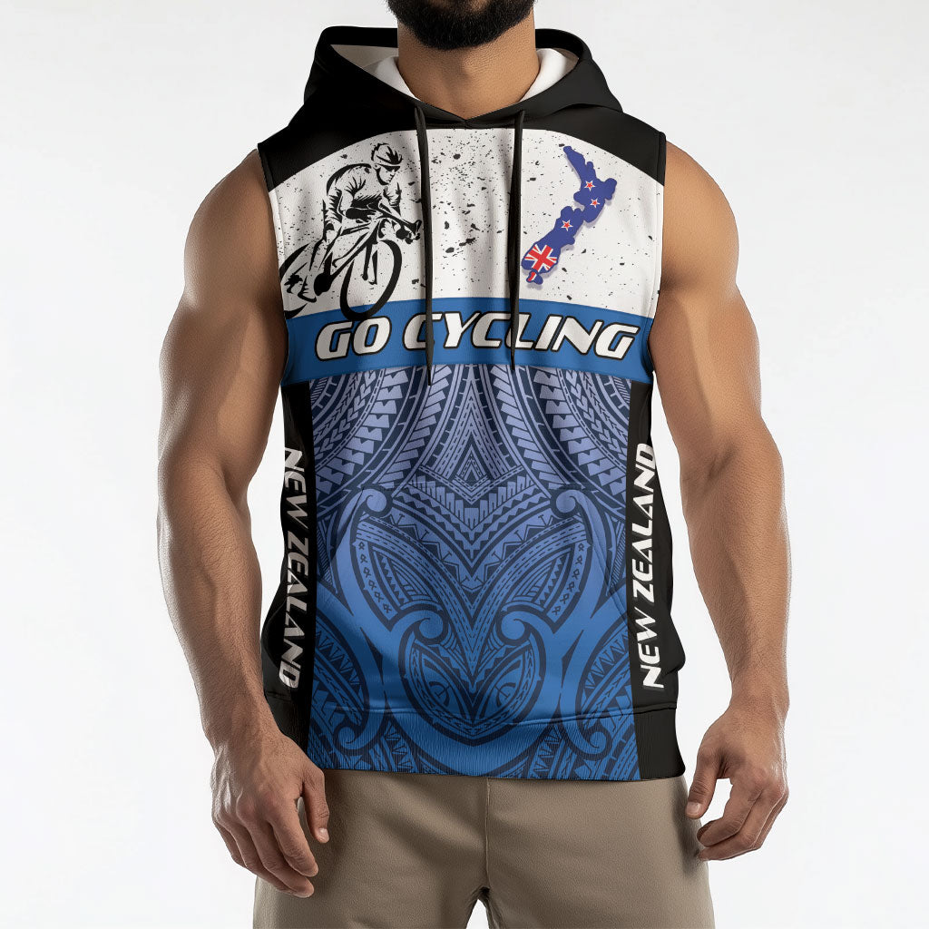 Personalised Cycling New Zealand Sleeveless Hoodie Aotearoa Map Fern Maori Pattern LT22 - Polynesian Pride