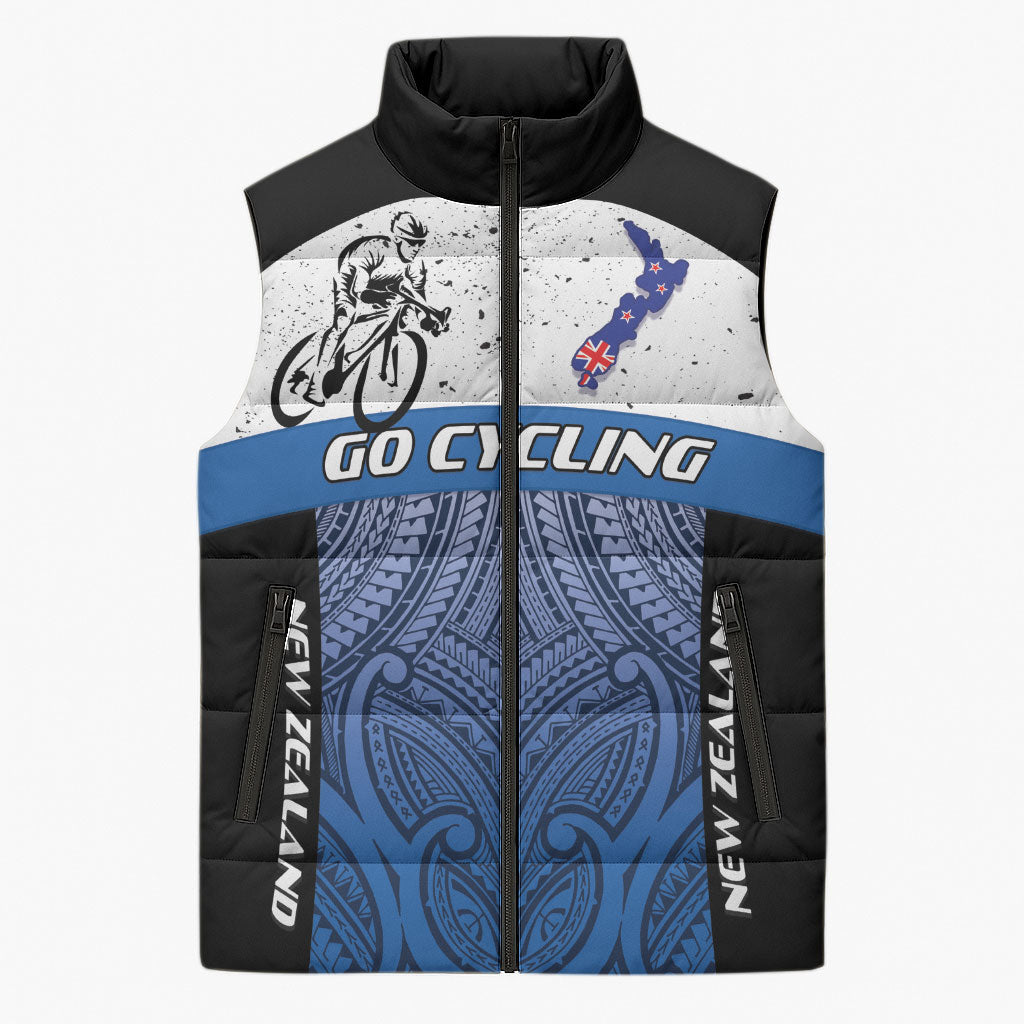 Personalised Cycling New Zealand Sleeveless Puffer Jacket Aotearoa Map Fern Maori Pattern LT22 Unisex Blue - Polynesian Pride