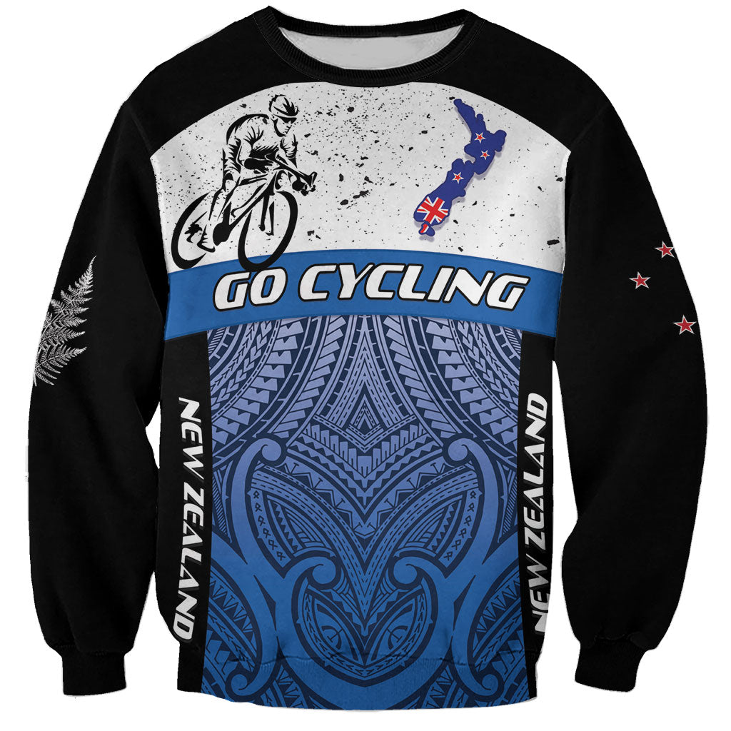 Personalised Cycling New Zealand Sweatshirt Aotearoa Map Fern Maori Pattern LT22 Unisex Blue - Polynesian Pride