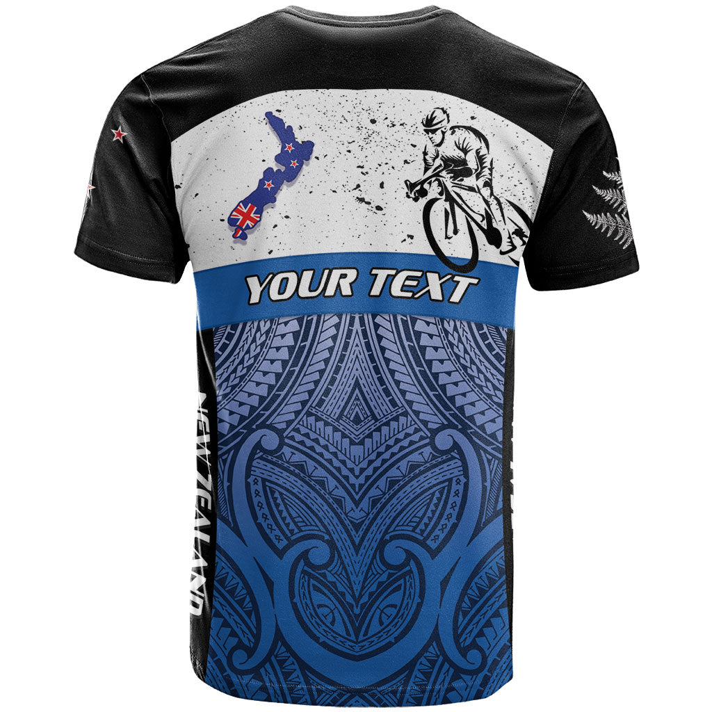 Personalised Cycling New Zealand T Shirt Aotearoa Map Fern Maori Pattern