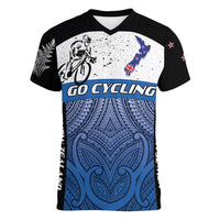 Personalised Cycling New Zealand Women V-Neck T-Shirt Aotearoa Map Fern Maori Pattern LT22 Female Blue - Polynesian Pride