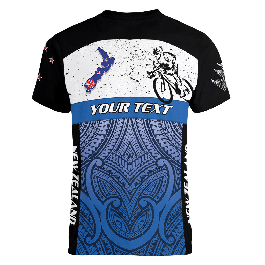 Personalised Cycling New Zealand Women V-Neck T-Shirt Aotearoa Map Fern Maori Pattern LT22 - Polynesian Pride