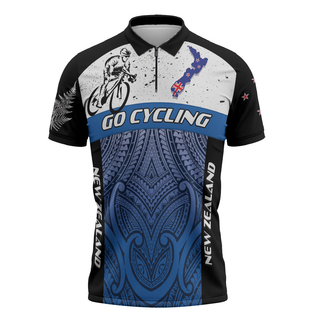 Personalised Cycling New Zealand Zipper Polo Shirt Aotearoa Map Fern Maori Pattern LT22 Blue - Polynesian Pride
