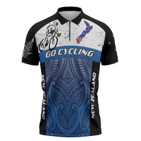 Personalised Cycling New Zealand Zipper Polo Shirt Aotearoa Map Fern Maori Pattern LT22 Blue - Polynesian Pride