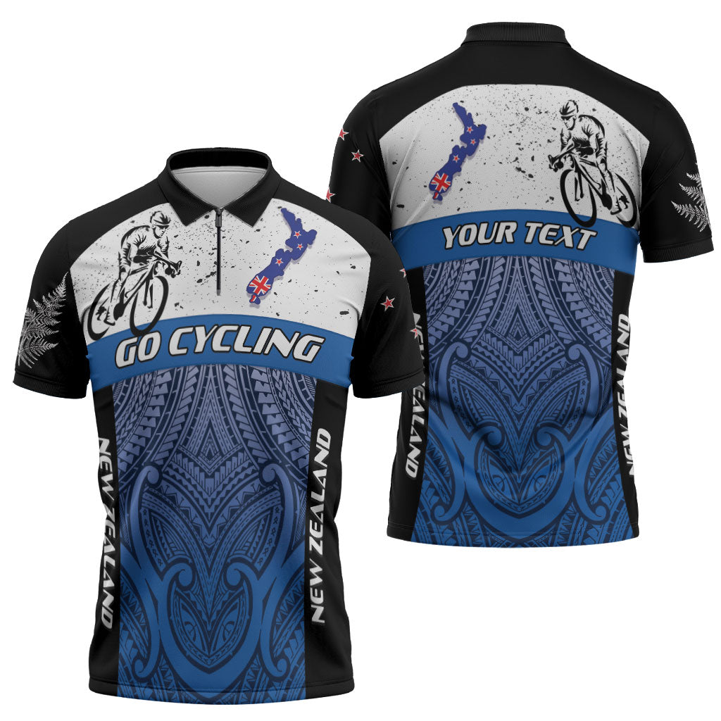 Personalised Cycling New Zealand Zipper Polo Shirt Aotearoa Map Fern Maori Pattern LT22 - Polynesian Pride