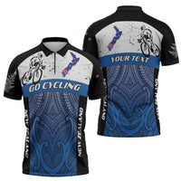 Personalised Cycling New Zealand Zipper Polo Shirt Aotearoa Map Fern Maori Pattern LT22 - Polynesian Pride