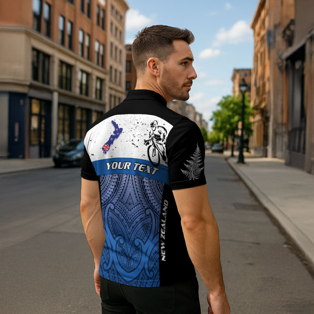 Personalised Cycling New Zealand Zipper Polo Shirt Aotearoa Map Fern Maori Pattern LT22 - Polynesian Pride