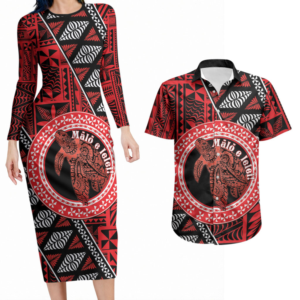 Personalised Tonga Language Week Couples Matching Long Sleeve Bodycon Dress and Hawaiian Shirt Heilala Turtle Malo E Lelei