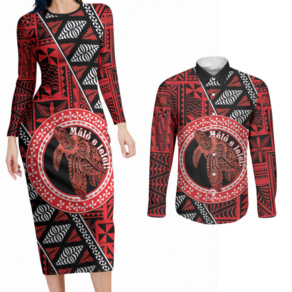Personalised Tonga Language Week Couples Matching Long Sleeve Bodycon Dress and Long Sleeve Button Shirt Heilala Turtle Malo E Lelei