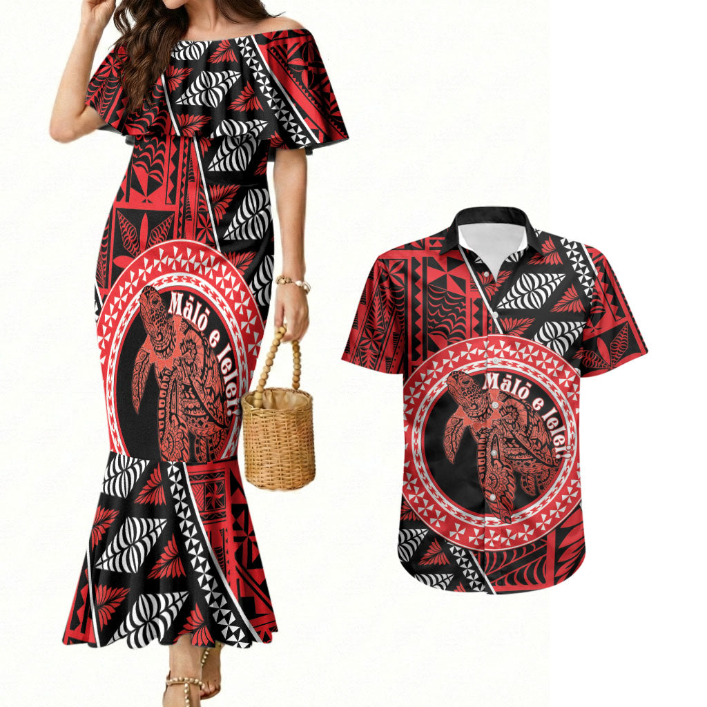 Personalised Tonga Language Week Couples Matching Mermaid Dress and Hawaiian Shirt Heilala Turtle Malo E Lelei LT22 Red - Polynesian Pride
