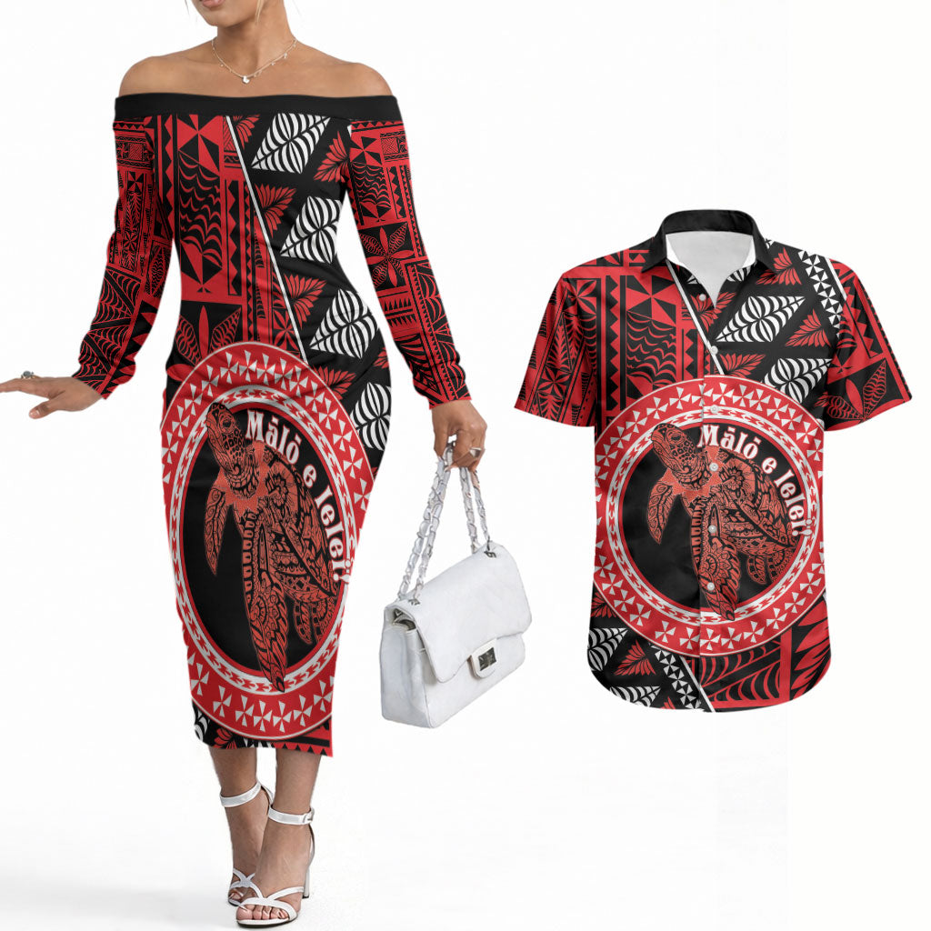 Personalised Tonga Language Week Couples Matching Off The Shoulder Long Sleeve Dress and Hawaiian Shirt Heilala Turtle Malo E Lelei LT22 Red - Polynesian Pride
