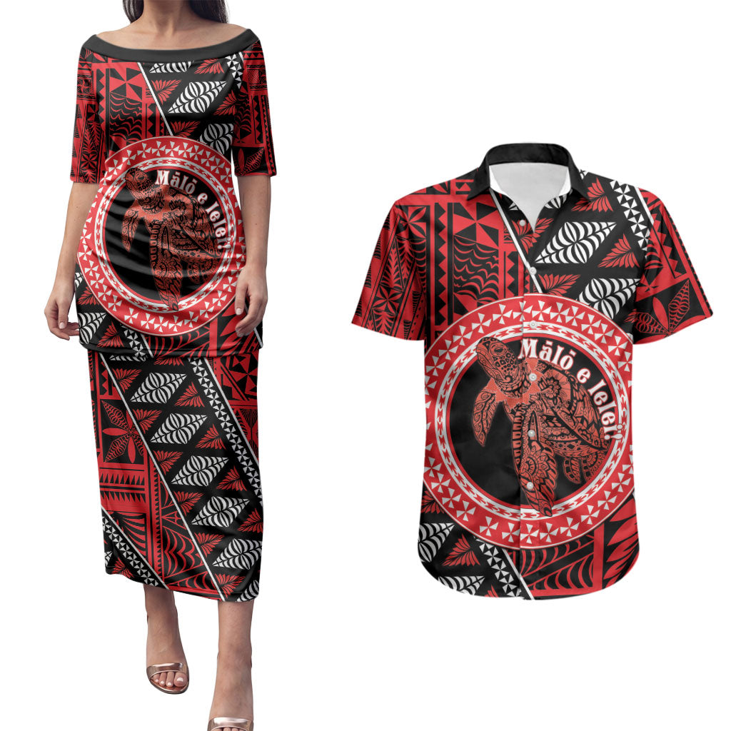 Personalised Tonga Language Week Couples Matching Puletasi and Hawaiian Shirt Heilala Turtle Malo E Lelei LT22 Red - Polynesian Pride