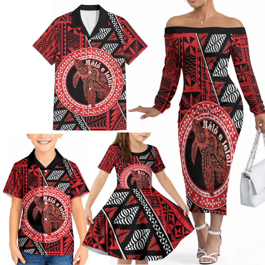 Personalised Tonga Language Week Family Matching Off The Shoulder Long Sleeve Dress and Hawaiian Shirt Heilala Turtle Malo E Lelei LT22 - Polynesian Pride