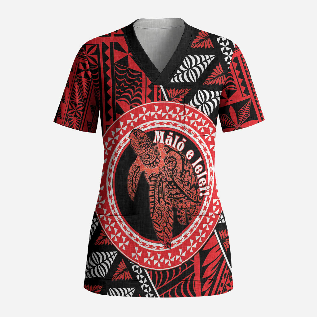 Personalised Tonga Language Week Scrub Top Heilala Turtle Malo E Lelei LT22 Adult Red - Polynesian Pride